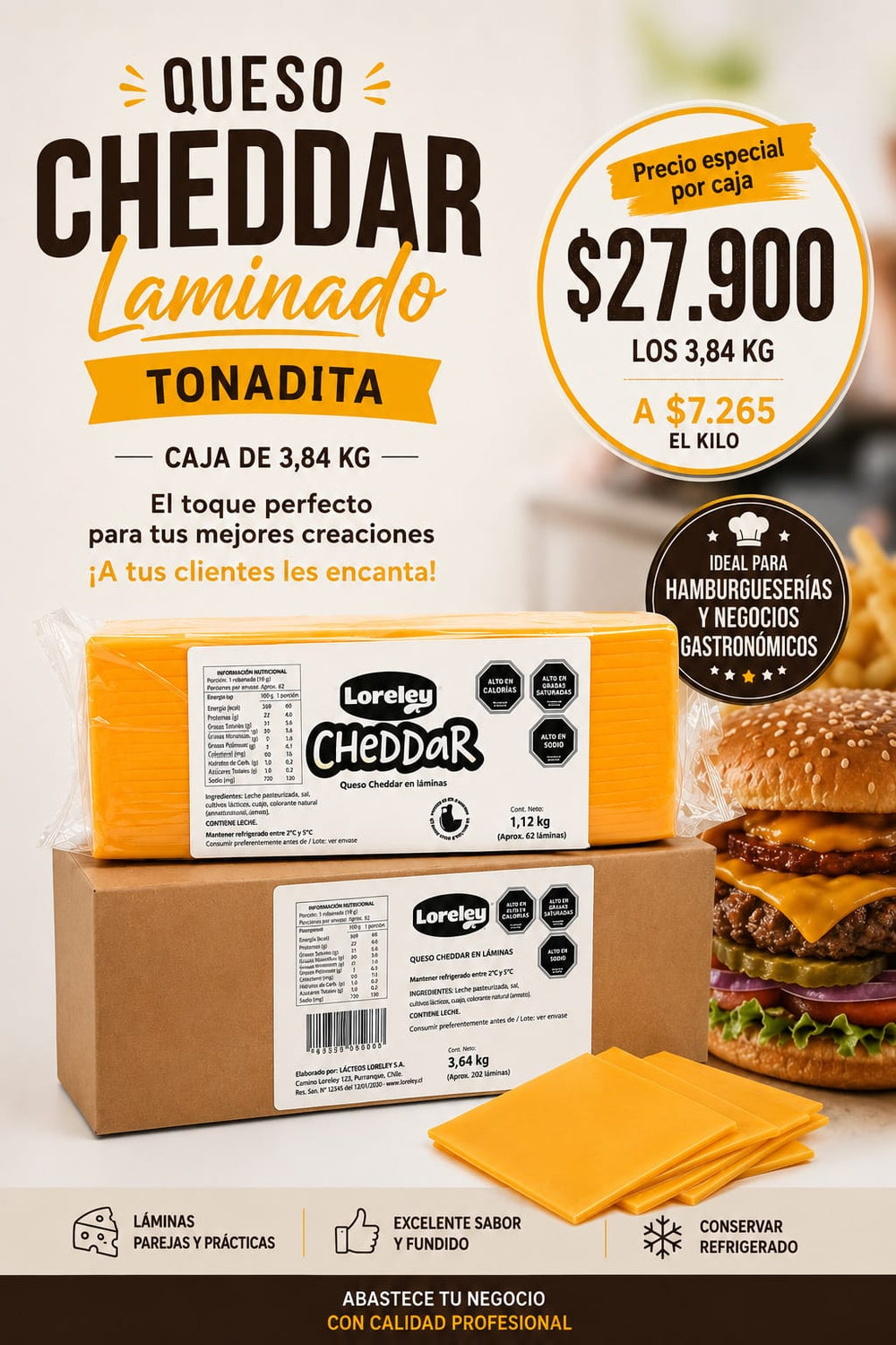 Alimentos Queso Cheddar Laminado Tonadita - Caja de 3,84 kg Queso Cheddar Laminado Tonadita - Caja de 3,84 kg CHEEDARL