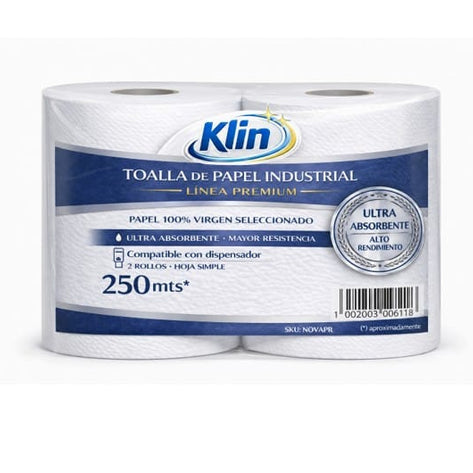 Papelería Toalla de Papel Industrial Premium KLIN 250 mts - Pack 2 un Toalla de Papel Industrial Premium KLIN 250 mts - Pack 2 un NOVAPR