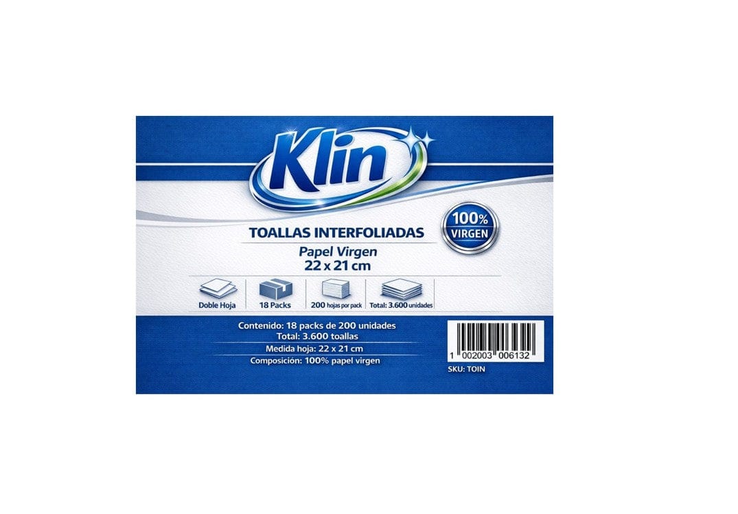 Papelería Toalla Interfoliada Doble Hoja Klin (18 x 200 un =3.600 un.) Toalla Interfoliada Doble Hoja Klin (18 x 200 un =3.600 un.) TOIN